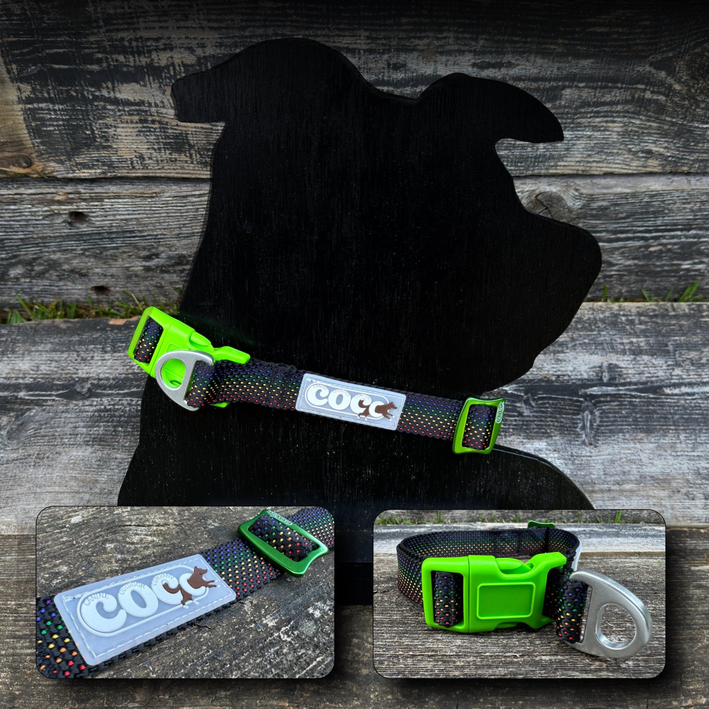 Adjustable Collar Black w/ Rainbow Dots